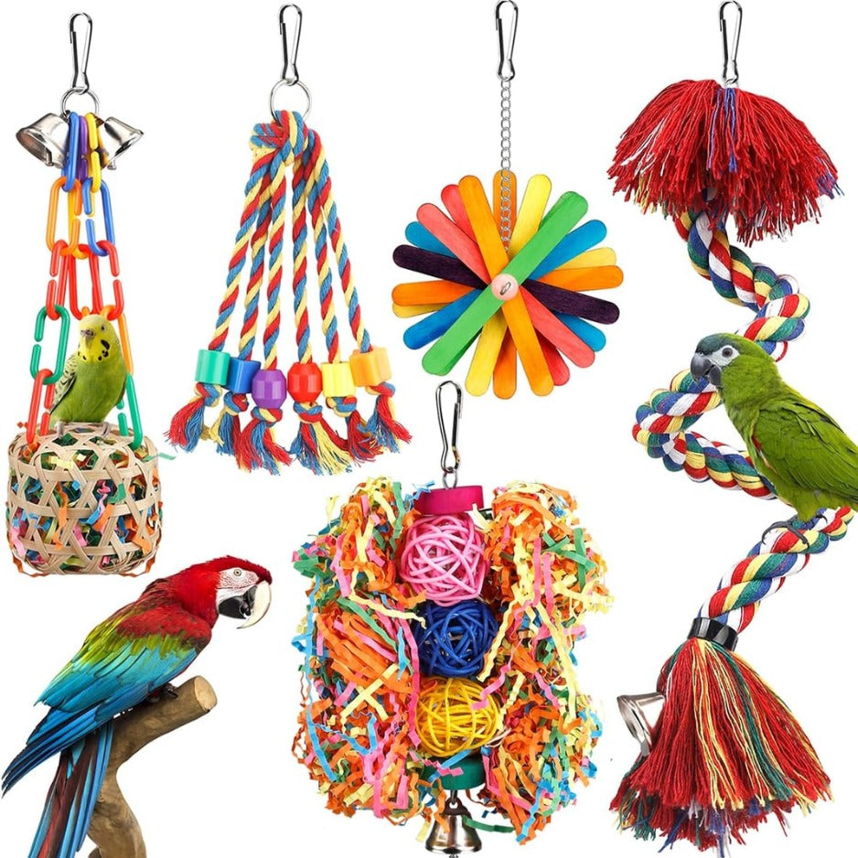 PawFix Feather-Fun Bird Foraging Toy Set – Multi-Piece Rope Perch & Chew Toy Kit for Small Birds