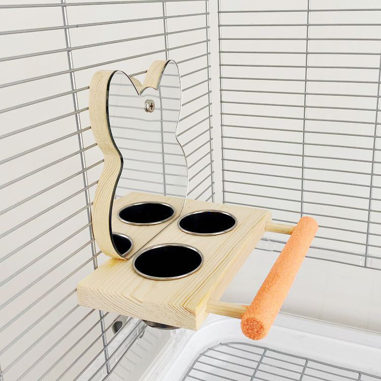 PawFix Perch-Mirror Activity Platform — Wooden Bird Perch with Bunny Mirror, 3 Stainless-Steel Food Cups & Nail-Grinding Perch